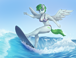 Size: 6072x4662 | Tagged: safe, alternate version, artist:dandy, derpibooru import, morning dew, anthro, pegasus, unguligrade anthro, abs, absurd resolution, belly button, big breasts, bikini, boob freckles, breasts, chest freckles, cleavage, clothes, commission, ear fluff, ears, eyeshadow, female, freckles, makeup, mare, muscles, pegasus oc, shoulder freckles, sky, solo, surfing, swimsuit, water, wave, wet, wings, ych result