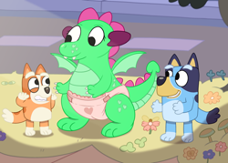 Size: 3600x2579 | Tagged: safe, artist:sweetielover, derpibooru import, oc, oc:goldigony, dog, dragon, baby, baby dragon, bingo heeler, bluey, bluey heeler, crossover, diaper, excited, female, garden, happy, high res, pink diaper, spread wings, street, sunlight, trio, wings