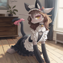 Size: 1600x1600 | Tagged: safe, artist:lunarlacepony, derpibooru import, oc, oc only, oc:silver bubbles, pony, unicorn, apron, bell, bell collar, bow, cat ears, choker, clothes, collar, crossdressing, dress, eyeshadow, femboy, looking at you, maid, maid headdress, makeup, male, socks, tail, tail wrap