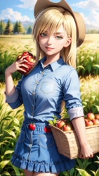 Size: 1080x1920 | Tagged: safe, ai content, derpibooru import, generator:stable diffusion, machine learning generated, applejack, human, apple, basket, blonde, blonde hair, clothes, cloud, cowboy hat, denim, denim shirt, denim skirt, ear piercing, earring, farm, female, field, food, generator:mlp applejack-10, generator:siinceysmixv2renewed v20, green eyes, hat, humanized, jewelry, looking at you, piercing, prompter:marusame, skirt, smiling, solo, standing, tree, wheat