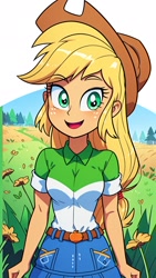 Size: 1080x1920 | Tagged: safe, ai content, derpibooru import, generator:stable diffusion, machine learning generated, applejack, human, equestria girls, belt, belt buckle, blonde, blonde hair, clothes, cowboy hat, cute, denim, denim skirt, eyebrows, eyebrows visible through hair, female, flower, freckles, generator:mlp applejack-10, generator:toonify v20, grass, green eyes, hat, humanized, jackabetes, looking at you, open mouth, open smile, prompter:marusame, shirt, skirt, smiling, smiling at you, solo, tree