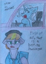 Size: 2221x3124 | Tagged: safe, artist:reddthebat, derpibooru import, copper top, trixie, earth pony, pony, unicorn, 2 panel comic, car, comic, dialogue, duo, ears, female, floppy ears, mare, police, traditional art, unamused