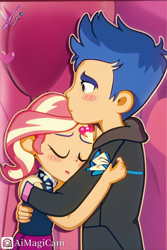 Size: 1024x1536 | Tagged: safe, ai content, derpibooru import, machine learning generated, flash sentry, sunset shimmer, human, equestria girls, blushing, duo, duo male and female, eyebrows, eyes closed, female, flashimmer, heart, male, open mouth, shipping, straight