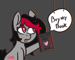 Size: 972x771 | Tagged: safe, artist:lazerblues, derpibooru import, oc, oc only, oc:miss eri, earth pony, pony, author, book, cardboard cutout, emo, gray background, simple background, solo