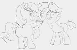 Size: 1302x858 | Tagged: safe, artist:dotkwa, derpibooru import, oc, oc only, oc:deary dots, oc:kayla, earth pony, pony, duo, female, filly, flower, flower in hair, foal, food, gray background, grayscale, grin, monochrome, mouth hold, popsicle, simple background, sketch, smiling