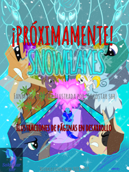 Size: 1920x2560 | Tagged: safe, artist:sokostar shr, derpibooru import, oc, earth pony, pegasus, pony, unicorn, windigo, blizzard, comic, cud cloud, hearth's warming eve, horn precision, ice, pale cloud, pointed quartz, snow, snowball, snowball cold, snowfall, snowflake, soil fertility, soon, spanish, spanish text, steel cold