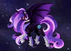 Size: 1514x1080 | Tagged: safe, artist:celestialess, artist:sldains, derpibooru import, oc, oc only, oc:princess celestialess, alicorn, bat pony, bat pony alicorn, pony, collaboration, alicorn oc, bandana, bat wings, black hole, black hole pony, choker, collar, concave belly, ethereal mane, female, horn, long horn, long mane, long tail, mare, old art, ponified, raised hoof, raised leg, red eyes, side view, slim, solo, space, species swap, spiked choker, spiked collar, spread wings, standing, starry mane, starry tail, stars, tail, thin, wings