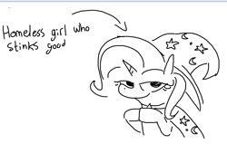 Size: 829x528 | Tagged: safe, artist:tjpones, derpibooru import, trixie, pony, unicorn, arrow, black and white, female, grayscale, homeless, hooves together, looking at you, mare, monochrome, simple background, smug, solo, text, white background