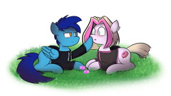 Size: 3632x2052 | Tagged: safe, artist:japkozjad, derpibooru import, oc, oc only, oc:apply, oc:lazzy butt, earth pony, pegasus, blue fur, blue mane, blushing, boop, clothes, cute, cutie mark, duo, duo male and female, earth pony oc, female, flower, grass, grass field, heterochromia, hoodie, looking at each other, looking at someone, lying down, male, mare, pegasus oc, shocked, simple background, smiling, smiling at each other, stallion, white background
