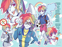 Size: 2160x1620 | Tagged: safe, artist:贼王当道, derpibooru import, rainbow dash, zephyr breeze, human, equestria girls, apple, backpack, bandage, clothes, food, football, heart, humanized, jewelry, medallion, necklace, open mouth, short hair, short hair rainbow dash, shorts, sports, uniform, winged humanization, wings, wonderbolts uniform, younger