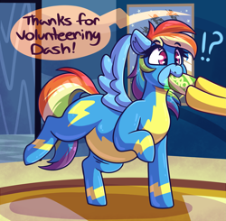 Size: 3409x3341 | Tagged: safe, artist:graphenescloset, derpibooru import, rainbow dash, spitfire, pegasus, pony, series:blubberbolt dash, belly, big belly, chubby, clothes, dialogue, drink, drinking, exclamation point, feederism, incentive drive, interrobang, offscreen character, question mark, this will end in weight gain, uniform, weight gain, weight gain sequence, wonderbolts uniform