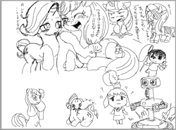 Size: 1177x872 | Tagged: safe, artist:nekubi, derpibooru import, applejack, rarity, twilight sparkle, anthro, beetle, dog, earth pony, human, insect, pony, unicorn, animal crossing, blushing, butterfly net, dialogue, eating, female, fluttercow, grass, japanese, lying down, mare, one eye closed, open mouth, prone, r.o.b., sketch, sketch dump, wink