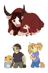 Size: 2500x3763 | Tagged: safe, artist:queenderpyturtle, derpibooru import, oc, oc only, oc:arko, oc:bronze buckshot, oc:lamington, oc:rotgut, anthro, hybrid, original species, unicorn, yak, lying down, prone, simple background, white background, yakony