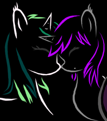 Size: 400x453 | Tagged: safe, artist:electric motor, derpibooru import, oc, oc only, oc:annie, oc:sally, alicorn, bat pony, hybrid, unicorn, black background, fangs, female, shipping, siblings, simple background, sisters, wings