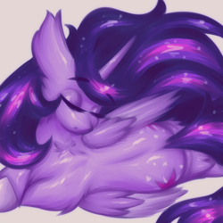 Size: 2000x2000 | Tagged: safe, artist:shad0w-galaxy, derpibooru import, princess twilight 2.0, twilight sparkle, twilight sparkle (alicorn), alicorn, pony, the last problem, both cutie marks, doodle, ethereal mane, eyes closed, female, fluffy, hooves, lying down, mare, missing accessory, older, older twilight, on side, solo, spine, starry mane, unshorn fetlocks