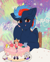 Size: 3400x4200 | Tagged: safe, artist:etoz, derpibooru import, oc, oc:black the dragon, oc:chrystal, oc:dinara, oc:etoz, oc:mimi, oc:spencer black, dracony, dragon, earth pony, hybrid, pegasus, unicorn, birthday, birthday cake, butt, cake, food, hat, imminent vore, licking, licking lips, looking at you, mass vore, micro, party hat, plot, scared, size difference, smiling, strawberry, tongue, tongue out