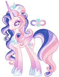 Size: 1280x1649 | Tagged: safe, artist:shebasoda, derpibooru import, oc, oc only, oc:princess destiny, alicorn, alicorn oc, body markings, coat markings, colored eyelashes, colored muzzle, colored pupils, colored wings, concave belly, countershading, crown, facial markings, female, folded wings, gradient horn, gradient legs, gradient wings, hoof shoes, horn, infinity symbol, jewelry, lidded eyes, long legs, mare, pale belly, peytral, princess shoes, purple eyes, regalia, side view, simple background, slim, smiling, solo, sparkly mane, sparkly tail, standing, star (coat marking), tail, tall, thin, transparent background, wings