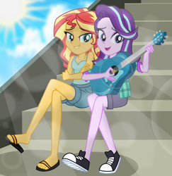 Size: 7800x8040 | Tagged: safe, artist:emeraldblast63, derpibooru import, starlight glimmer, sunset shimmer, equestria girls, converse, duo, feet, female, guitar, heel pop, lens flare, musical instrument, sandals, shoe dangling, shoes, stairs, sun, toes