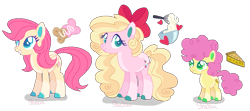 Size: 889x396 | Tagged: safe, artist:shebasoda, derpibooru import, li'l cheese, oc, oc:buttercream pie, oc:honey bunny pie, earth pony, pegasus, pony, the last problem, body markings, bow, brother and sister, closed mouth, coat markings, colored eartips, colored eyelashes, colored hooves, colored pupils, earth pony oc, female, folded wings, green eyes, grin, hair bow, looking at you, magical lesbian spawn, male, next generation, offspring, pale belly, parent:fluttershy, parent:pinkie pie, parents:flutterpie, pegasus oc, siblings, simple background, sisters, smiling, socks (coat marking), standing, teal eyes, transparent background, trio, wings