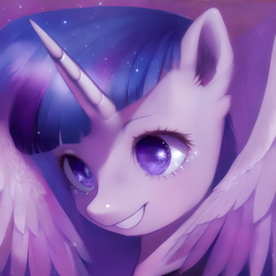 Size: 3072x3072 | Tagged: safe, ai content, derpibooru import, generator:purplesmart.ai, generator:stable diffusion, machine learning assisted, twilight sparkle, twilight sparkle (alicorn), alicorn, pony, bust, female, high res, horn, mare, portrait, prompter:shad0w-galaxy, smiling, solo, starry eyes, wingding eyes, wings