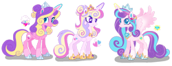 Size: 1280x491 | Tagged: safe, artist:shebasoda, derpibooru import, princess flurry heart, princess skyla, oc, oc:princess crystal heart, alicorn, pony, alicorn oc, closed mouth, coat markings, colored pupils, colored wings, concave belly, crown, cyan eyes, eyeshadow, female, folded wings, gradient mane, gradient tail, gradient wings, grin, hair bun, hoof shoes, horn, jewelry, looking at you, makeup, next generation, offspring, older, older flurry heart, parent:princess cadance, parent:shining armor, parents:shiningcadance, peytral, princess, purple eyes, regalia, royalty, siblings, simple background, sisters, slim, smiling, socks (coat marking), spread wings, standing, tail, teal eyes, thin, tiara, transparent background, trio, wings