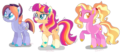 Size: 979x429 | Tagged: safe, artist:shebasoda, derpibooru import, luster dawn, oc, oc:daydream spell, oc:dusk light, pegasus, pony, unicorn, base used, coat markings, colored eartips, colored hooves, colored muzzle, colored pupils, colored wings, colored wingtips, cyan eyes, facial markings, female, folded wings, frown, glasses, golden eyes, gradient mane, gradient tail, headcanon, headcanon in the description, horn, looking back, looking up, male, mare, messy mane, next generation, offspring, pale belly, parent:sunburst, parent:twilight sparkle, parents:twiburst, pegasus oc, ponytail, raised hoof, raised leg, siblings, simple background, smiling, snip (coat marking), socks (coat marking), stallion, standing, star (coat marking), tail, teal eyes, transparent background, trio, unicorn oc, unimpressed, wings