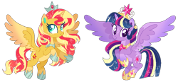 Size: 1083x502 | Tagged: safe, artist:shebasoda, derpibooru import, sunset shimmer, twilight sparkle, twilight sparkle (alicorn), alicorn, pony, alicornified, big crown thingy, body markings, closed mouth, coat markings, colored wings, colored wingtips, crown, cyan eyes, duo, element of magic, facial markings, female, flying, gradient horn, gradient mane, gradient tail, gradient wings, headcanon, headcanon in the description, hoof shoes, horn, jewelry, looking up, mare, multicolored wings, pale belly, peytral, purple eyes, race swap, regalia, shimmercorn, simple background, smiling, socks (coat marking), sparkly mane, sparkly tail, star (coat marking), tail, tiara, transparent background, wings