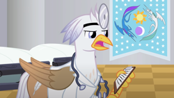 Size: 1280x720 | Tagged: safe, artist:mlp-silver-quill, derpibooru import, oc, oc:silver quill, hippogriff, after the fact, after the fact:pinkie pride, doctor's coat, equestrian flag, fob equestria, sickbay, solo, stethoscope