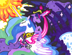 Size: 3299x2524 | Tagged: safe, artist:foldawaywings, derpibooru import, princess celestia, twilight sparkle, pony, abstract background, big crown thingy, duo, element of magic, ethereal mane, eyes closed, female, horn, jewelry, long horn, magic, magic aura, mare, marker drawing, moon, older, older twilight, older twilight sparkle (alicorn), peytral, realistic horse legs, regalia, scroll, sun, telekinesis, traditional art, unshorn fetlocks