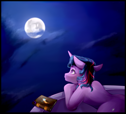 Size: 1848x1668 | Tagged: safe, artist:symphstudio, derpibooru import, twilight sparkle, pony, book, mare in the moon, moon, solo