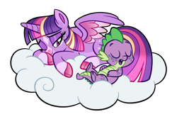 Size: 3113x2088 | Tagged: safe, artist:uunicornicc, derpibooru import, spike, twilight sparkle, twilight sparkle (alicorn), alicorn, pony, cloud, lying down, prone, simple background, sleeping, transparent background