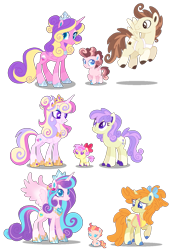Size: 993x1448 | Tagged: safe, artist:shebasoda, derpibooru import, cream puff, pound cake, princess flurry heart, princess skyla, pumpkin cake, oc, oc:cupid cream cake, oc:peach puree, oc:princess crystal heart, alicorn, earth pony, pegasus, pony, unicorn, alicorn oc, apron, baby, baby pony, blue eyes, bow, brown eyes, closed mouth, clothes, coat markings, colored hooves, colored pupils, colored wings, colt, concave belly, crown, cyan eyes, diaper, eyeshadow, female, filly, flying, foal, folded wings, gradient mane, gradient tail, gradient wings, grin, hair bow, hair bun, head turn, headcanon, height difference, hoof shoes, horn, jewelry, lesbian, looking at each other, looking at someone, looking at you, looking back, magical lesbian spawn, makeup, male, next generation, offspring, older, older cream puff, older flurry heart, older pound cake, older pumpkin cake, parent:cream puff, parent:oc:princess crystal heart, parent:pound cake, parent:princess cadance, parent:princess flurry heart, parent:princess skyla, parent:pumpkin cake, parent:shining armor, parents:canon x oc, parents:poundskyla, parents:pumpkinheart, parents:shiningcadance, pc:ambrosia delight, peytral, physique difference, ponytail, poundskyla, princess, pumpkinheart, purple eyes, regalia, royalty, siblings, simple background, sisters, sitting, slim, smiling, socks (coat marking), spread wings, standing, straight, tail, teal eyes, thin, tiara, transparent background, wings