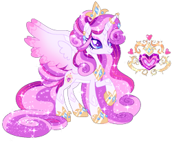 Size: 905x758 | Tagged: safe, artist:shebasoda, derpibooru import, oc, oc only, oc:princess glorious, alicorn, alicorn oc, body markings, coat markings, colored pupils, colored wings, crown, ear piercing, earring, eyeshadow, facial markings, female, fusion, fusion:princess cadance, fusion:rarity, girly, gradient mane, gradient tail, gradient wings, hoof shoes, horn, horn jewelry, horn ring, jewelry, kin fusion, kinsona, lidded eyes, looking up, makeup, mare, pale belly, peytral, piercing, pink, raised hoof, raised leg, regalia, ring, simple background, smiling, socks (coat marking), solo, sparkly mane, sparkly tail, spread wings, standing, star (coat marking), tail, tiara, transparent background, wings