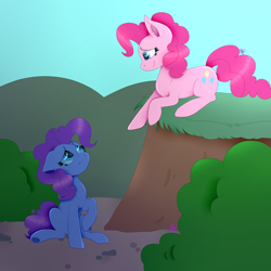 Size: 2000x2000 | Tagged: safe, artist:kathepart, derpibooru import, pinkie pie, earth pony, pony, a friend in deed, blue eyes, cutie mark, duality, pink hair, reference, scene interpretation, self paradox, self ponidox, smile song