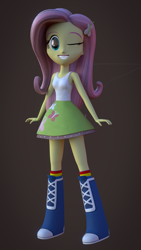 Size: 1080x1920 | Tagged: safe, artist:palmman529, derpibooru import, fluttershy, rainbow dash, human, equestria girls, 3d, accessory swap, blender, boots, clothes, looking at you, one eye closed, rainbow socks, shoes, smiling, smiling at you, socks, striped socks, wink, winking at you