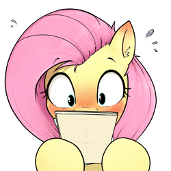 Size: 2516x2515 | Tagged: safe, artist:whiskeypanda, derpibooru exclusive, derpibooru import, fluttershy, pegasus, pony, blushing, blushing profusely, ear blush, eyebrows, female, flustered, hoof hold, mare, paper, raised eyebrow, reading, simple background, sweat, sweatdrop, tiny pupils, transparent background