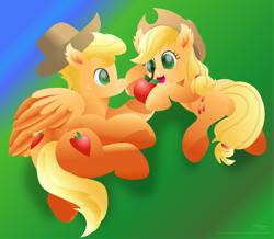 Size: 12951x11314 | Tagged: safe, artist:lincolnbrewsterfan, derpibooru exclusive, derpibooru import, applejack, oc, oc:empire jack, pegasus, pony, absurd resolution, apple, applebutt, applejack's hat, blonde, blonde hair, blonde mane, blonde tail, both cutie marks, butt, clothes, cowboy hat, curious, cute, cute face, dangerously high res, ear fluff, ears, flying, food, freckles, gift art, gradient background, grass, grass field, green eyes, hair tie, happy, hat, heart, holding, hoof heart, hoof hold, hooves together, jackabetes, lineless, male, male and female, nc-tv signature, not applejack, ocbetes, open mouth, partially open wings, pegasus oc, plot, pond, ponytail, raised hoof, raised leg, rear view, shadow, sharing, sharing food, side view, signature, simple background, spread hooves, stallion, tail, underhoof, upside-down hoof heart, water, website, wholesome, wing fluff, wings, yellow mane, yellow tail