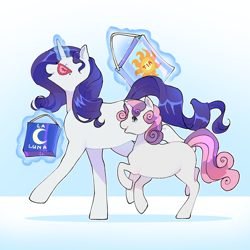 Size: 2000x2000 | Tagged: safe, artist:daffidaizy, derpibooru import, rarity, sweetie belle, pony, unicorn, bag, beauty mark, duo, glasses, gradient background, magic, shopping bag, telekinesis