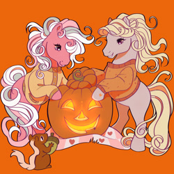 Size: 2048x2048 | Tagged: safe, artist:daffidaizy, derpibooru import, autumn skye, cotton candy (g3), earth pony, pony, squirrel, g3, acorn, clothes, duo, halloween, holiday, hoof heart, jack-o-lantern, orange background, pumpkin, simple background, sweater, the perfect pumpkin, underhoof