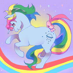 Size: 2000x2000 | Tagged: safe, artist:daffidaizy, derpibooru import, moonstone, pony, unicorn, g1, g4, bow, cute, female, g1 adorastone, g1 to g4, generation leap, mare, rainbow, solo, tail, tail bow