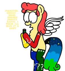 Size: 3023x3351 | Tagged: safe, artist:professorventurer, derpibooru import, oc, oc:power star, pegasus, pony, bipedal, clothes, dialogue, female, holding, mare, open mouth, open smile, pegasus oc, rule 85, simple background, smiling, socks, solo, spread wings, super mario 64, super mario bros., thigh socks, this will end in death, this will end in pain, this will end in pain and/or tears and/or death, this will end in tears, this will end in tears and/or death, this will not end well, white background, wings, xk-class end-of-the-world scenario