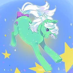 Size: 2000x2000 | Tagged: safe, artist:daffidaizy, derpibooru import, star hopper, pony, unicorn, bow, solo, starry background, tail, tail bow