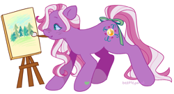 Size: 1862x1005 | Tagged: safe, artist:beetlepaws, derpibooru import, juniper jade, earth pony, pony, g3, bow, crouching, freckles, green eyes, hoof heart, paintbrush, painting, pink mane, purple, simple background, solo, tail, tail bow, teal eyes, transparent background, two toned mane, white mane