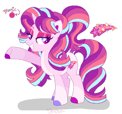 Size: 496x466 | Tagged: safe, artist:shebasoda, derpibooru import, oc, oc only, oc:starglory magic, pony, unicorn, coat markings, colored eartips, colored eyelashes, colored hooves, colored pupils, eyeshadow, grin, horn, lidded eyes, magical lesbian spawn, magical threesome spawn, makeup, mismatched hooves, next generation, offspring, pale belly, parent:moondancer, parent:starlight glimmer, parent:trixie, parents:stardancer, parents:startrix, parents:startrixdancer, parents:trixdancer, ponytail, raised hoof, raised leg, simple background, smiling, smug, socks (coat marking), standing, transparent background, unicorn oc