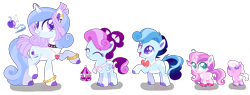 Size: 1108x420 | Tagged: safe, artist:shebasoda, derpibooru import, oc, oc only, oc:charming belle, oc:darling belle, oc:glass slipper, oc:sapphire lace, oc:shiny pearl, earth pony, pegasus, pony, unicorn, baby, baby pony, beauty mark, bipedal, bow, bowtie, bracelet, brother and sister, choker, clothes, coat markings, colored eartips, colored eyelashes, colored hooves, colored pupils, colt, cousins, cyan eyes, diaper, ear piercing, earring, earth pony oc, eyes closed, eyeshadow, female, filly, five year old, foal, gradient mane, gradient tail, grin, group, hair bow, head turn, horn, jewelry, looking back, magical lesbian spawn, makeup, male, mare, necklace, offspring, pale belly, parent:diamond tiara, parent:kerfuffle, parent:rarity, parent:sweetie belle, parents:diamondbelle, parents:rarifuffle, pegasus oc, piercing, pigtails, purple eyes, quintet, raised leg, shoes, siblings, simple background, sisters, smiling, socks (coat marking), standing, tail, toddler, transparent background, twins, unicorn oc