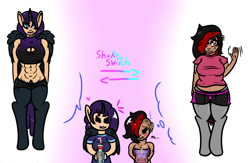 Size: 2000x1300 | Tagged: safe, artist:lazerblues, derpibooru import, oc, oc only, oc:bella, oc:mal, hybrid, satyr, abs, chibi, chubby, gradient background, grimace shake, mcdonald's, meme, offspring, parent:oc:miss eri, parent:oc:nyx, protein shake, shake