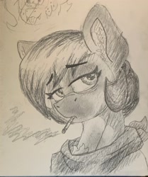 Size: 3024x3620 | Tagged: safe, artist:reddthebat, derpibooru import, oc, oc only, oc:number nine, oc:reddthebat, bat pony, earth pony, pony, bat pony oc, bust, cigarette, duo, eyebrows, eyebrows visible through hair, female, lidded eyes, looking at you, mare, monochrome, offscreen character, pencil drawing, smoking, solo focus, traditional art