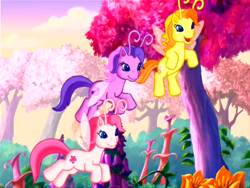 Size: 1280x960 | Tagged: safe, derpibooru import, screencap, tiddlywink, tra-la-la, zipzee, breezie, g3, the princess promenade, breezie blossom, cute, diabreezies, diazipzees, flower, tiddlybetes, tralalabetes, tree