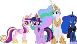 Size: 1054x610 | Tagged: safe, artist:scootaloormayfly, derpibooru import, princess cadance, princess celestia, princess luna, twilight sparkle, twilight sparkle (alicorn), alicorn, pony, alicorn tetrarchy, cloak, clothes, concave belly, crown, height difference, jewelry, looking at you, physique difference, pixel art, regalia, signature, simple background, slim, smiling, smiling at you, thin, transparent background
