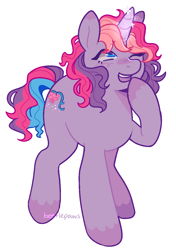 Size: 910x1295 | Tagged: safe, artist:beetlepaws, derpibooru import, lily lightly, pony, unicorn, g3, curly hair, curly mane, glowing, glowing horn, horn, multicolored hair, multicolored mane, multicolored tail, one eye closed, purple, simple background, solo, tail, transparent background